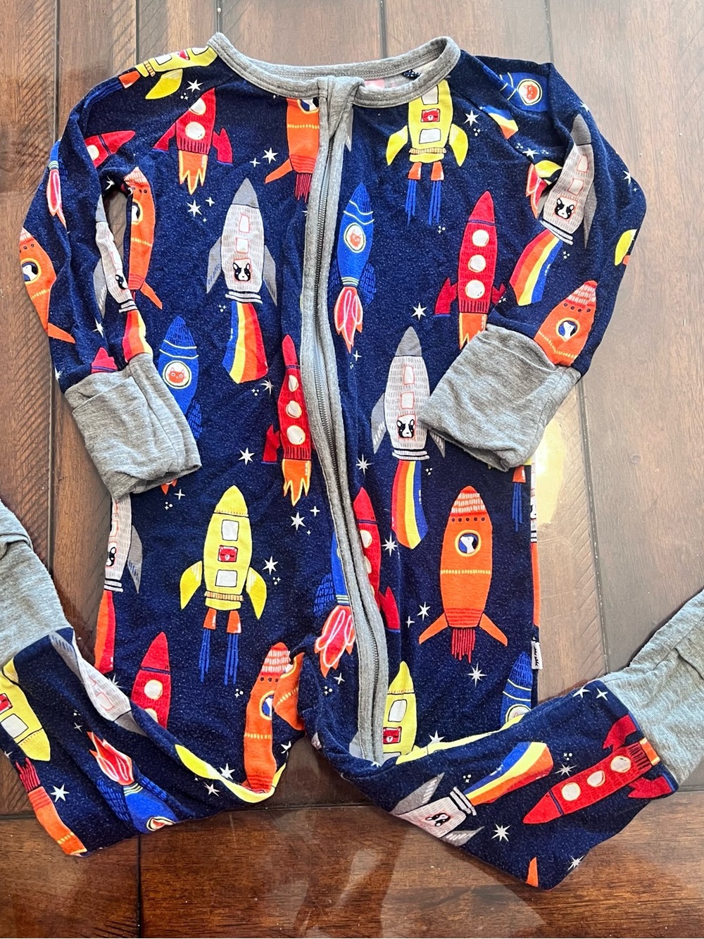 Little Sleepies Navy Rocket Print One-Piece Pajamas with Gray Trim